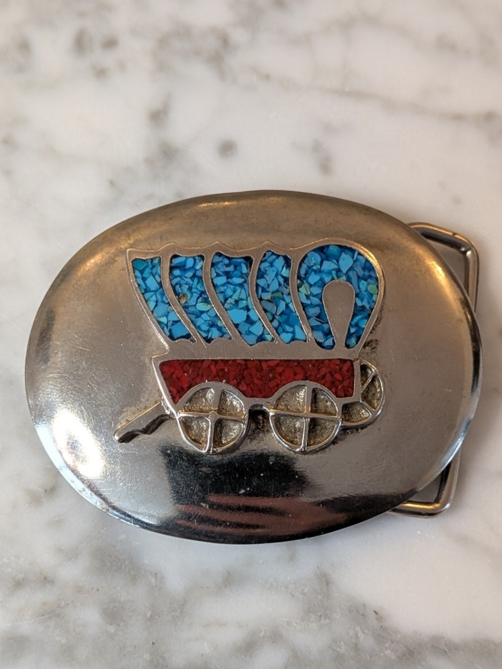 Vintage Western Crushed Turquoise Coral Chip Inlay Covered Wagon Belt Buckle